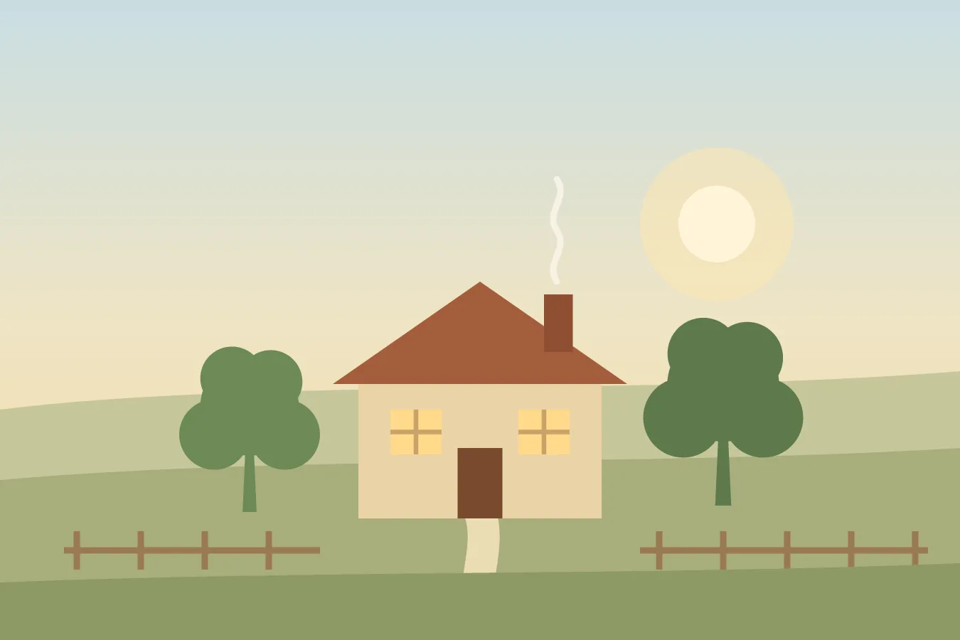 Illustration: a cottage with smoke rising from the chimney between two round trees, with fenced fields in warm sunlight.
