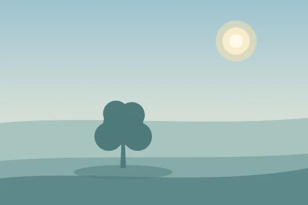 Illustration: a single round tree beside still water, with soft teal hills and a pale sun.