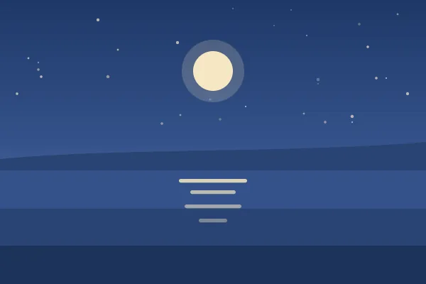 Illustration: a full moon over calm dark water, with a soft reflection and stars.