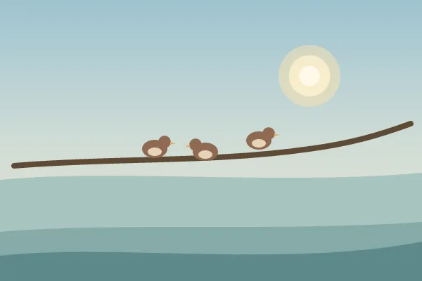 Illustration: three small birds sitting on a branch under a pale sun.