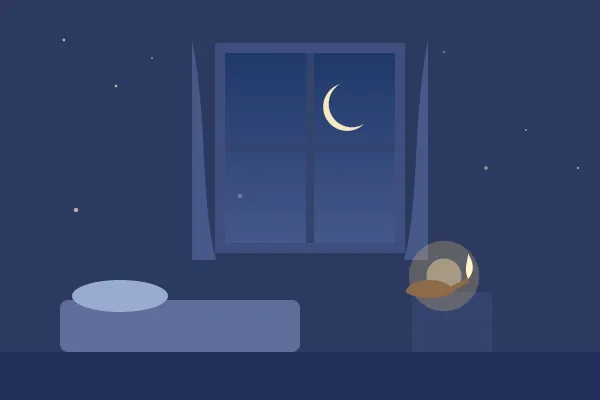 Illustration: a quiet bedroom at night, with a crescent moon in the window, a bed and a small glowing lamp.
