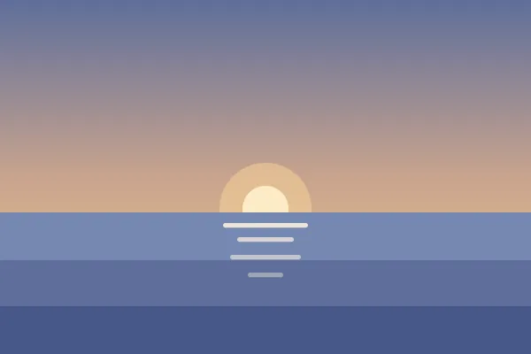 Illustration: the sun setting over calm water under a lavender and peach sky.