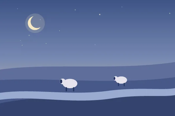 Illustration: two sheep resting on a moonlit hillside by a stream, under a crescent moon.