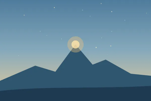 Illustration: a dark blue mountain peak with a soft light at its summit under a starry sky.