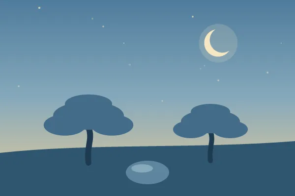 Illustration: two olive trees and a flat stone on a blue hill under moonlight.