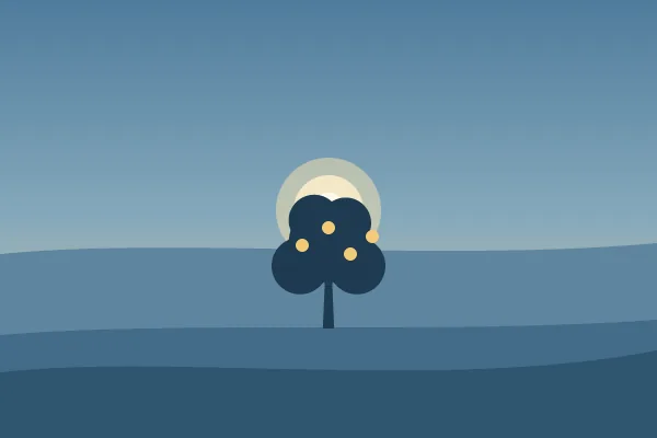 Illustration: a round tree bearing small golden fruit in front of a soft sun, with blue hills behind it.