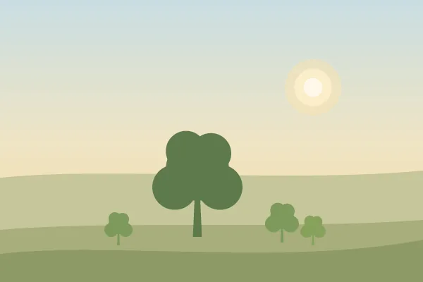 Illustration: a large tree on a green hill with three small young trees growing near it under a soft sun.