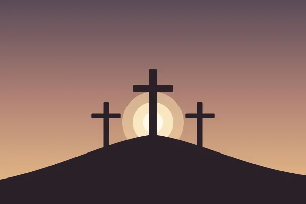 Illustration: three crosses on a hill against a warm sunset glow.