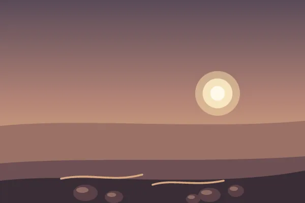 Illustration: a quiet shore at sunset, with a few smooth stones on the sand and lines drawn in it.
