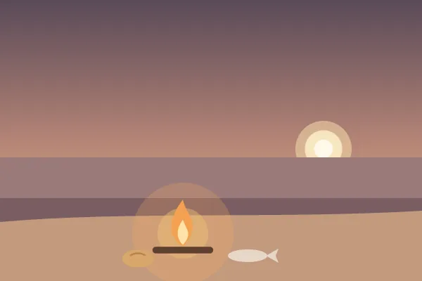 Illustration: a small charcoal fire on a beach at dusk, with bread and a fish beside it.