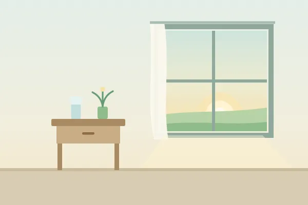 Illustration: early morning light coming through a window onto a bedside table with a glass of water.