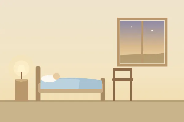 Illustration: a child asleep in a small bed, a lamp glowing on the nightstand and a chair pulled up close, evening light at the window.