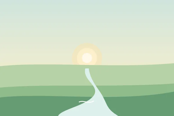 Illustration: a soft sun over green hills and a stream of clear water.