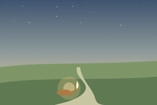 Illustration: a path winding through green hills at dawn, with a small lamp glowing beside it.