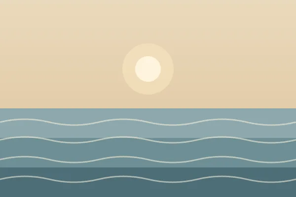 Illustration: a calm sea with gentle wave lines under a soft sun.