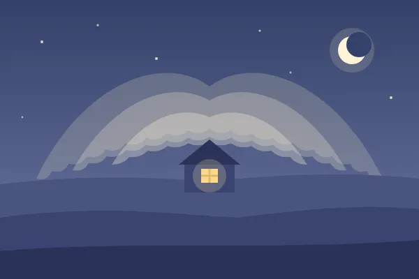 Illustration: a house at night under stars and a crescent moon, with one lit window and faint wings of light over the roof.