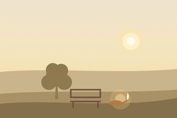 Illustration: a bench and a tree on a quiet hillside in warm evening light, with a small lamp glowing nearby.