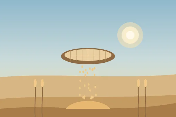 Illustration: a wooden sieve with grain falling onto a small heap, beside wheat stalks in soft sunlight.